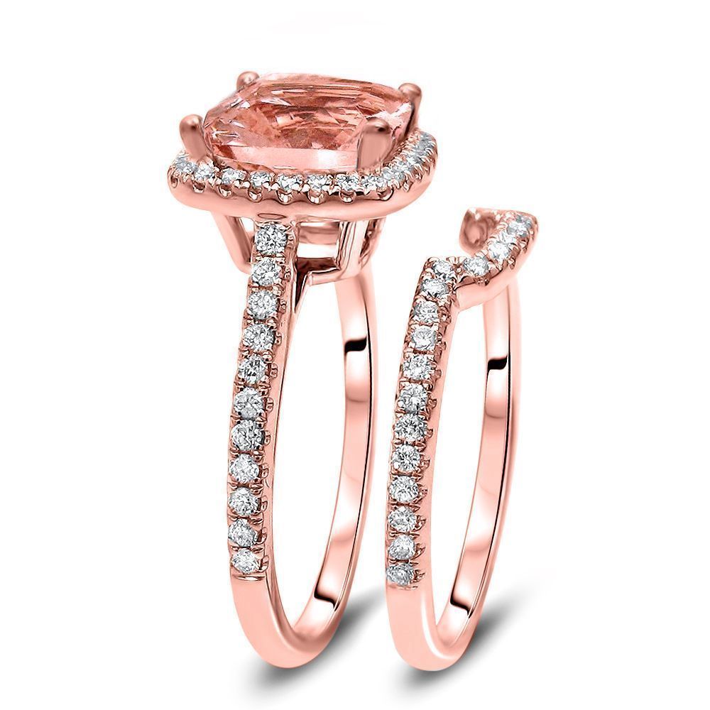 14k Rose Gold Over Silver Cushion Morganite Diamond Engagement Bridal Ring Set