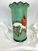 Cardinal Bird Vase Ceramic Red Green Winter Garden Nature 9.5" High image 3