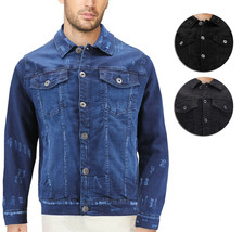 Men’s Classic Distressed Casual Button Up Stretch Jean Trucker Denim Jacket