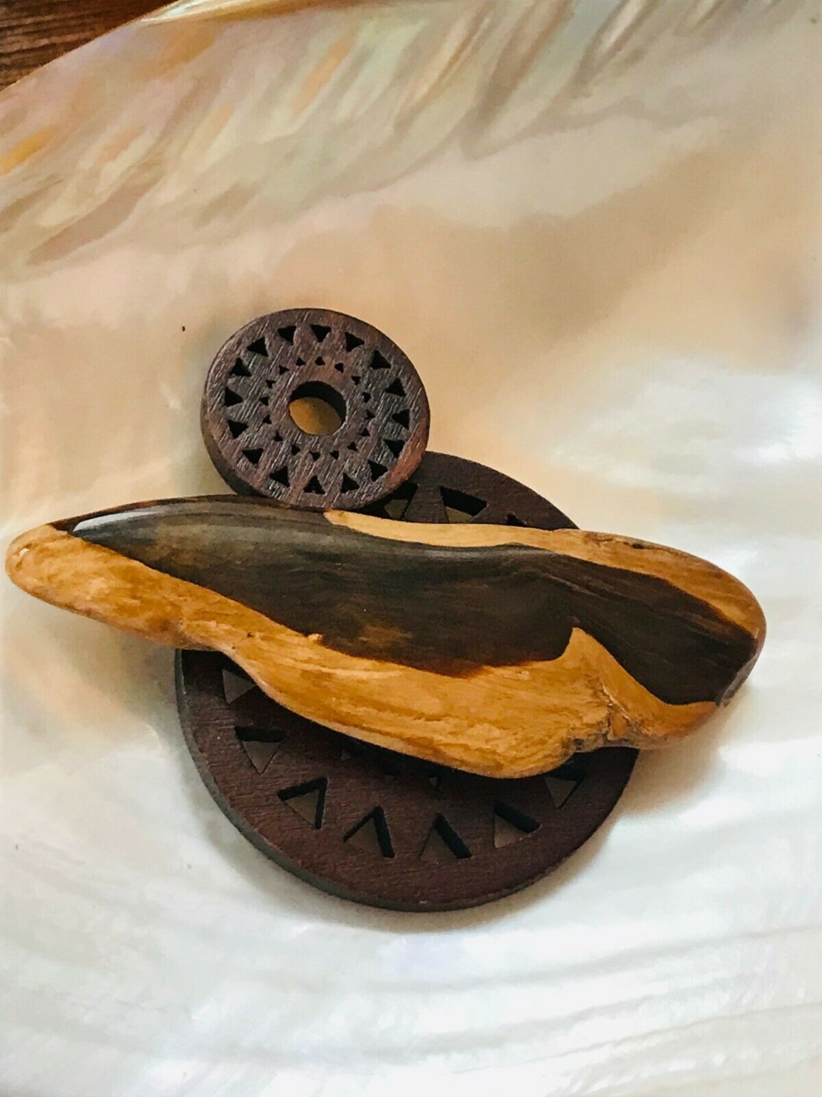 Estate Large Carved Round Wood Medallion with Overlaid Dark & Light