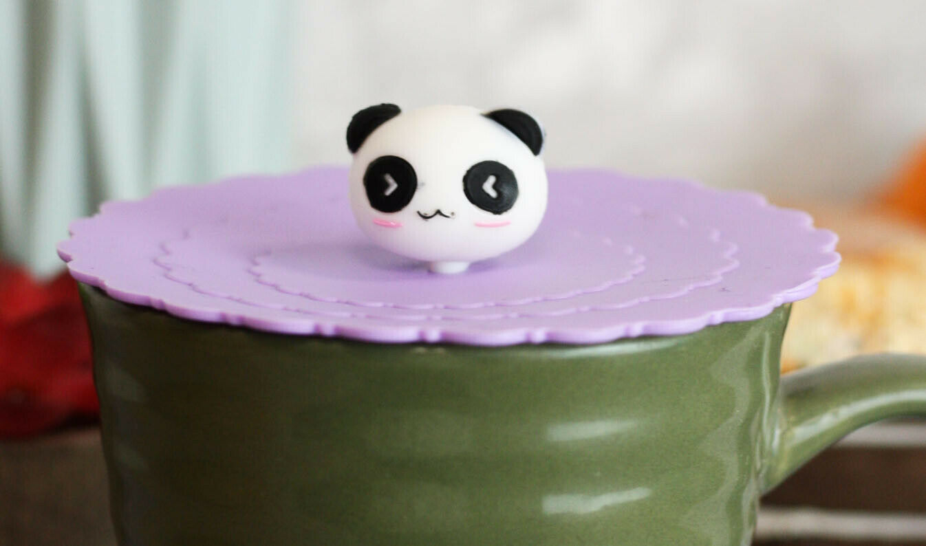 Set Of 4 Purple Panda Reusable Silicone Coffee Tea Cup Cover Lids Air Tight