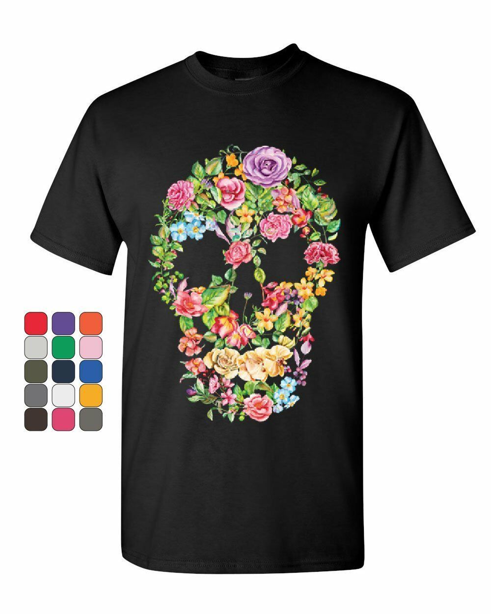 Flower Skull T-Shirt Sugar Skull Calavera Dia de los Muertos Mens Tee Shirt