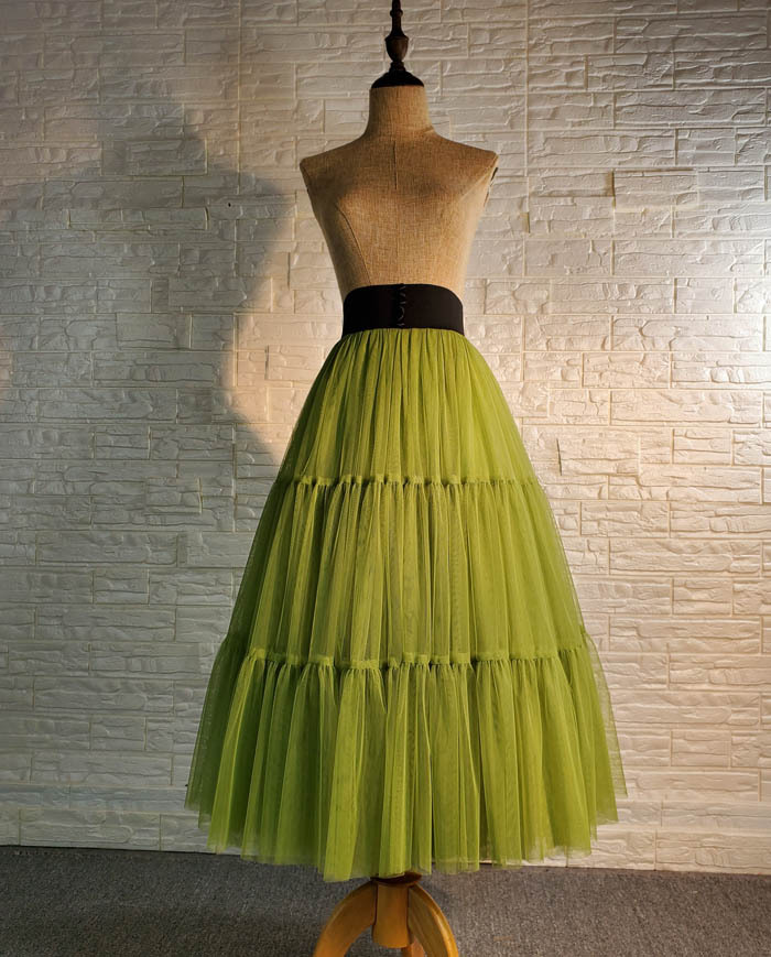 LIME GREEN Tiered Tulle Skirt Lady Full Long Party Skirt High Waisted Plus Size