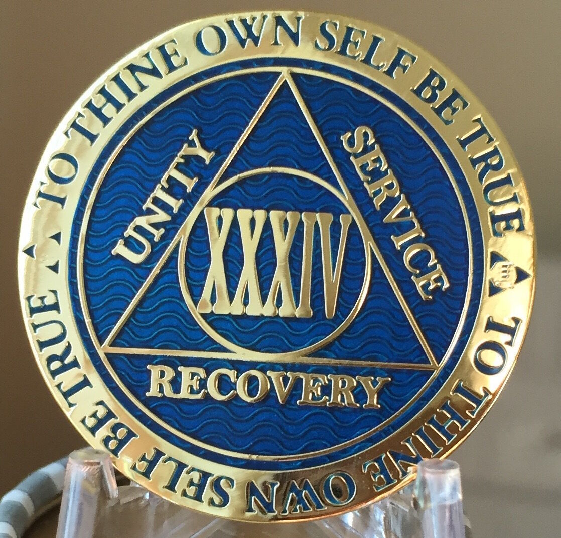 34 Year AA Medallion Blue Gold Plated Alcoholics Anonymous Sobriety Chip Coin