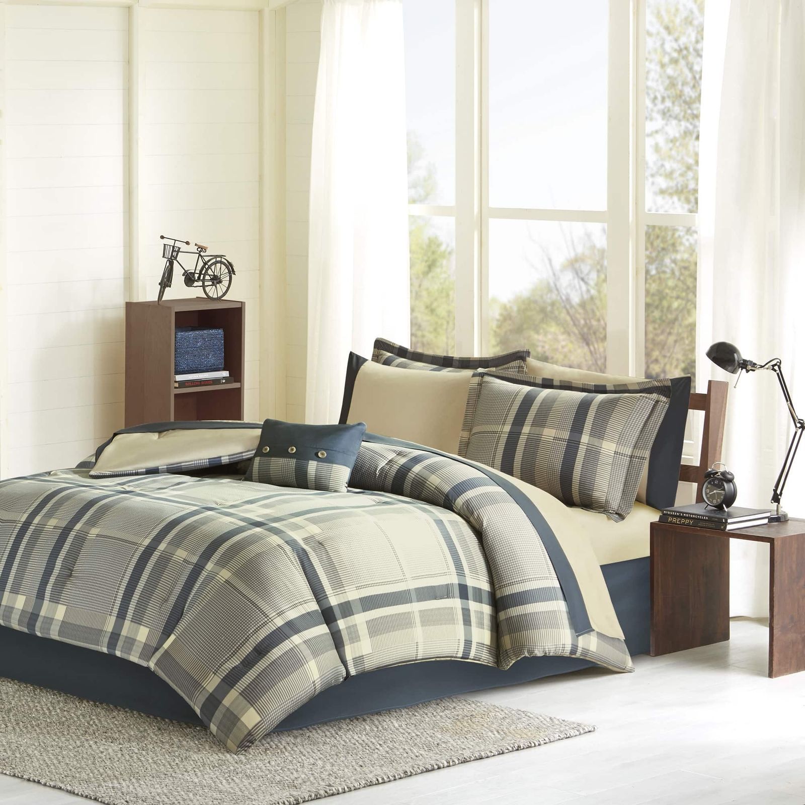 Twin XL Full Queen Bed Bag Navy Blue Tan Beige Plaid 9 pc Comforter