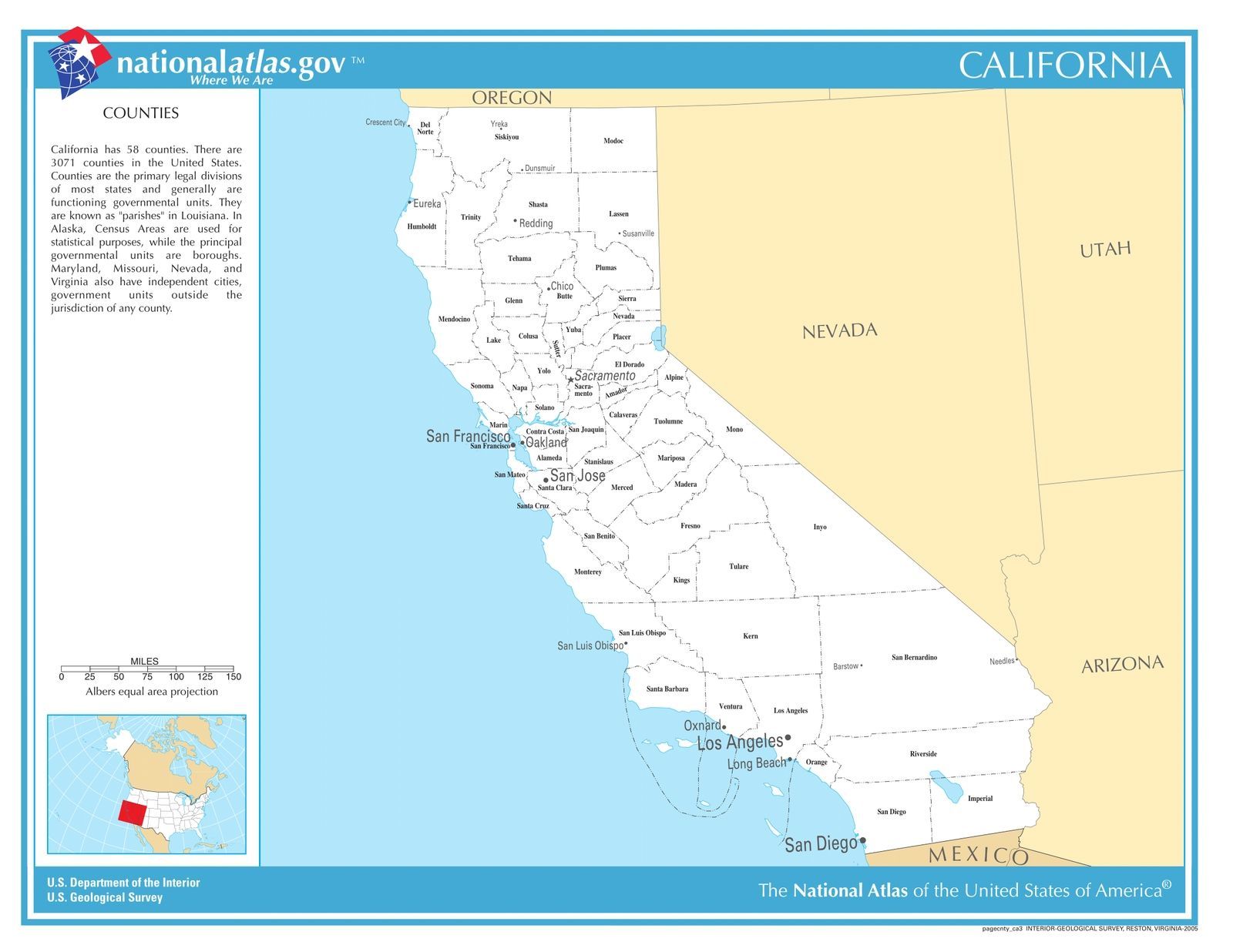 California State Counties w/Cities Laminated Wall Map - US