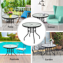 32 Patio Tempered Glass Steel Frame round Table with Convenient Umbrella Hole image 2
