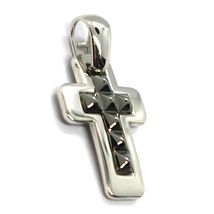 SOLID 18K BLACK & WHITE GOLD DOUBLE SQUARE CROSS, 0.8",  SMOOTH, ITALY MADE image 3