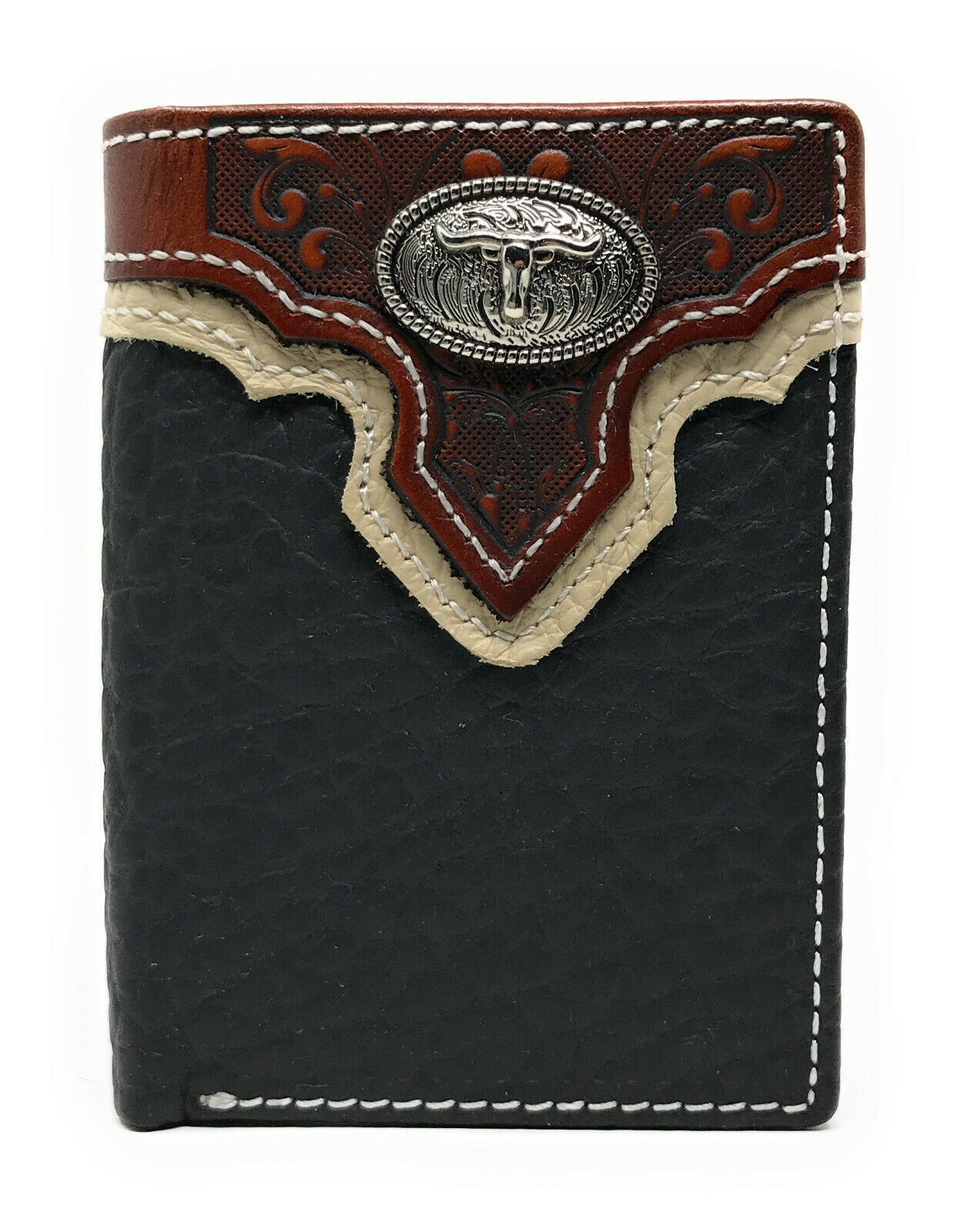 Western Tooled Genuine LeatherLonghorn Men's Short Trifold Wallet in 2 ...