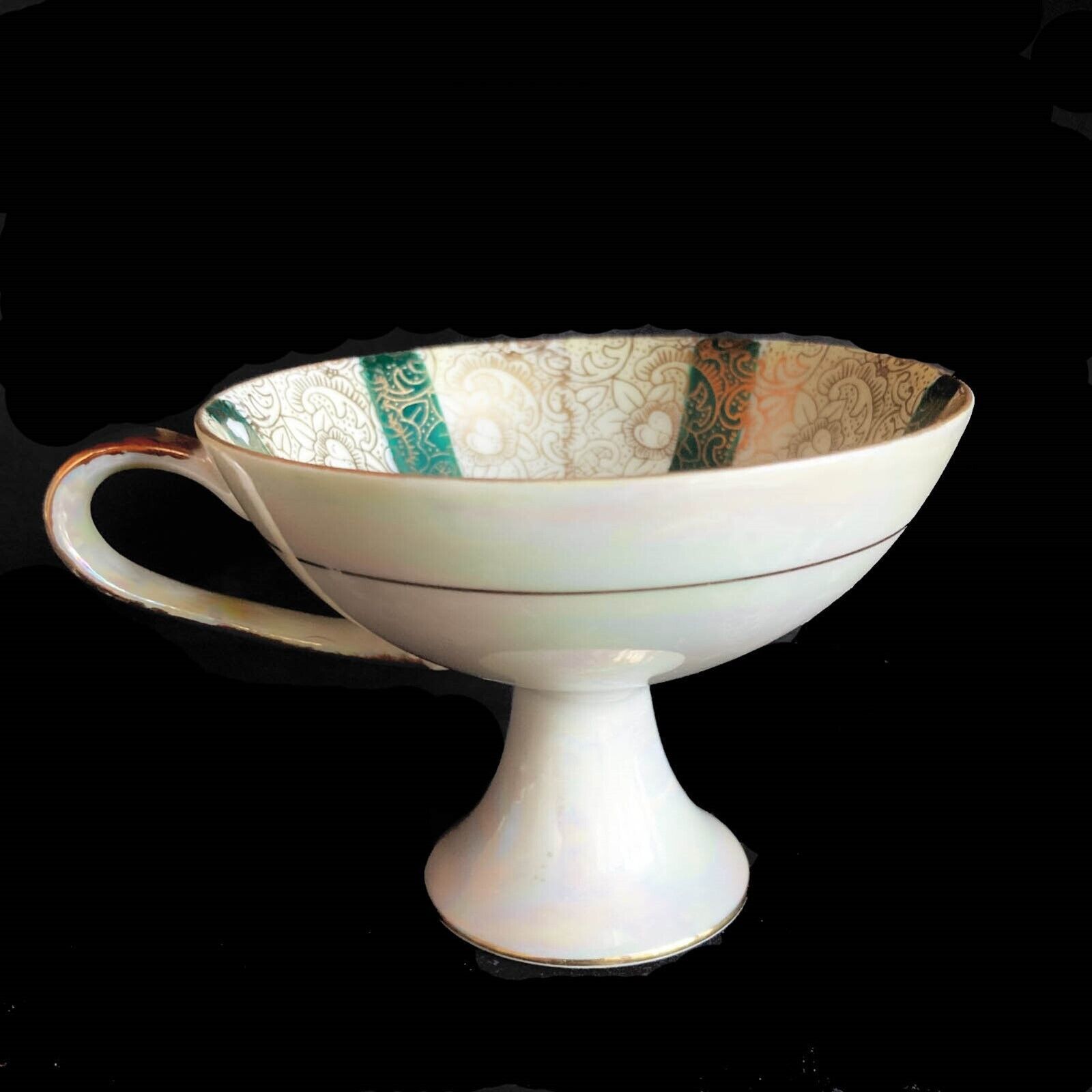 Pedestal Teacup Green White ceramic Vintage Pearl Lusterware filigree PET RESCUE - $7.65