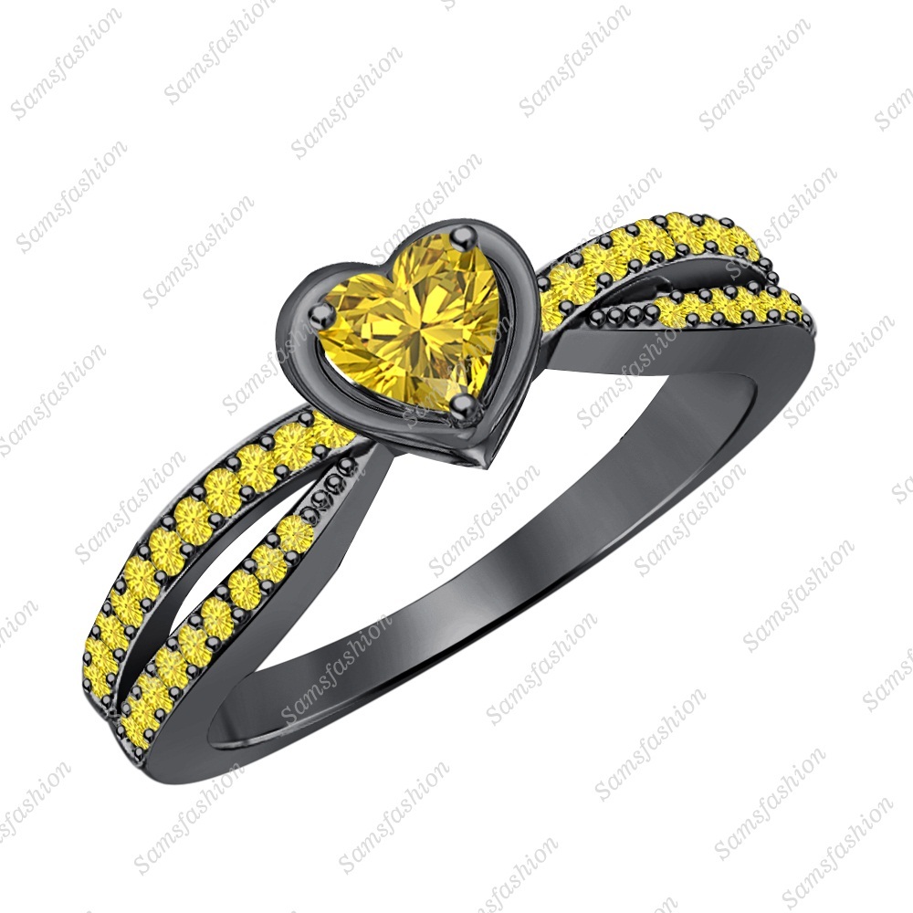 Heart Cut Yellow Sapphire 14k Black Gold Over Elegant Twisting Split Shank Ring