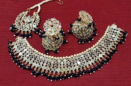 Mirror Jaipuri Multiple Gold Plated Necklace Jhumka Earrings Tika Jewelr... - $36.62