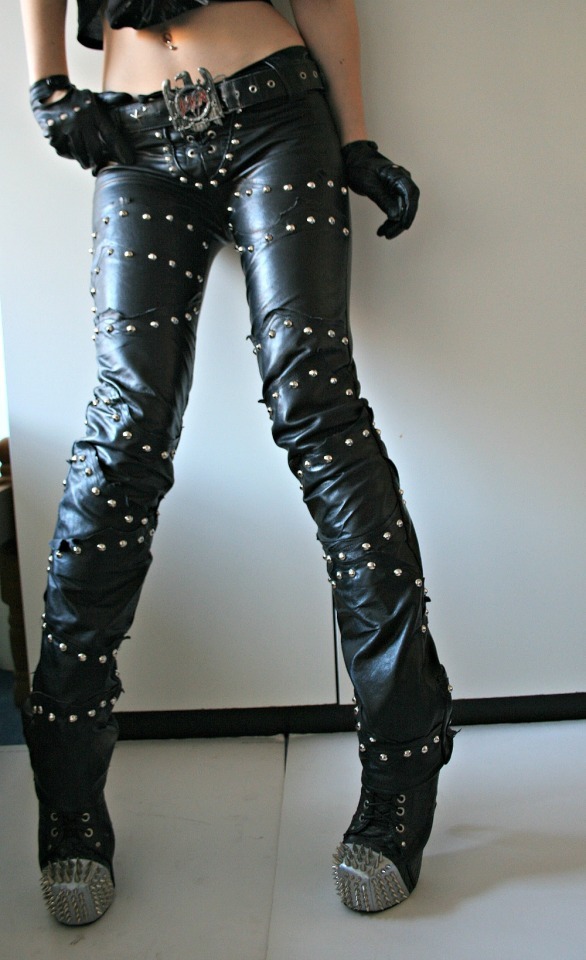 Women Black Laceup Silver Studded Zipper Genuine Leather Pants