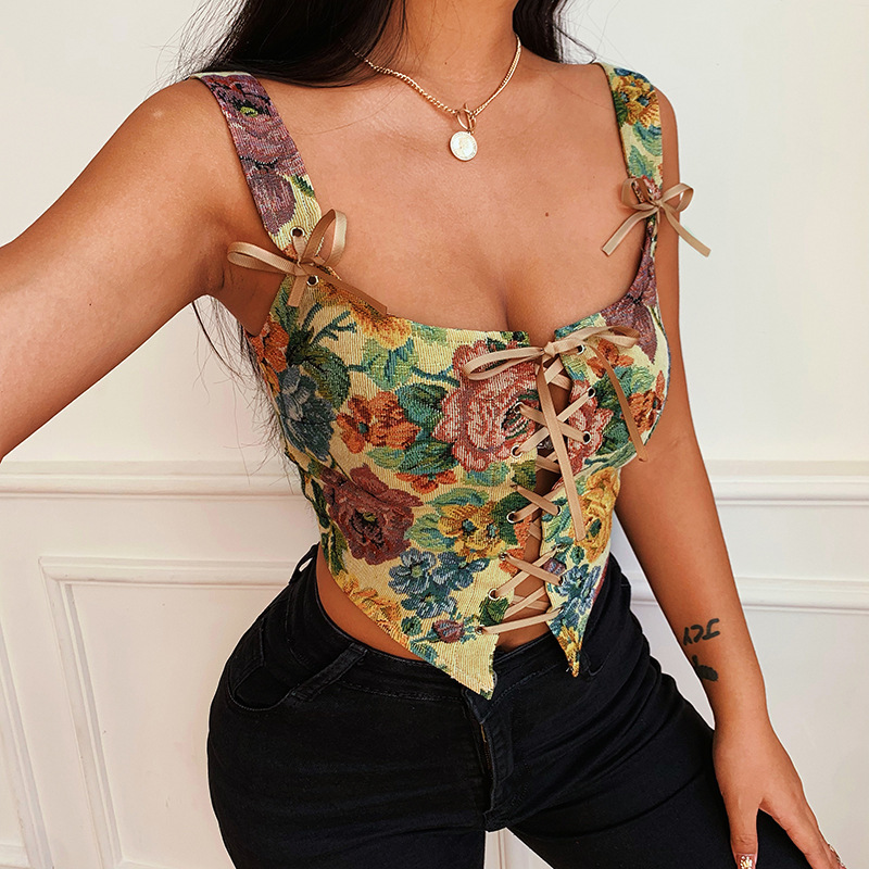 French corset style knitted camisole vest floral embroidery sexy top summer/autu