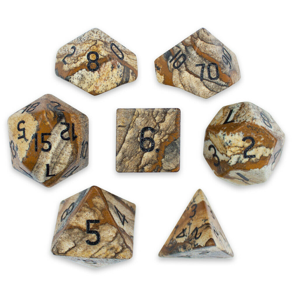 Set of 7 Handmade Stone Polyhedral Dice, Picture Jasper Accessories & Dice
