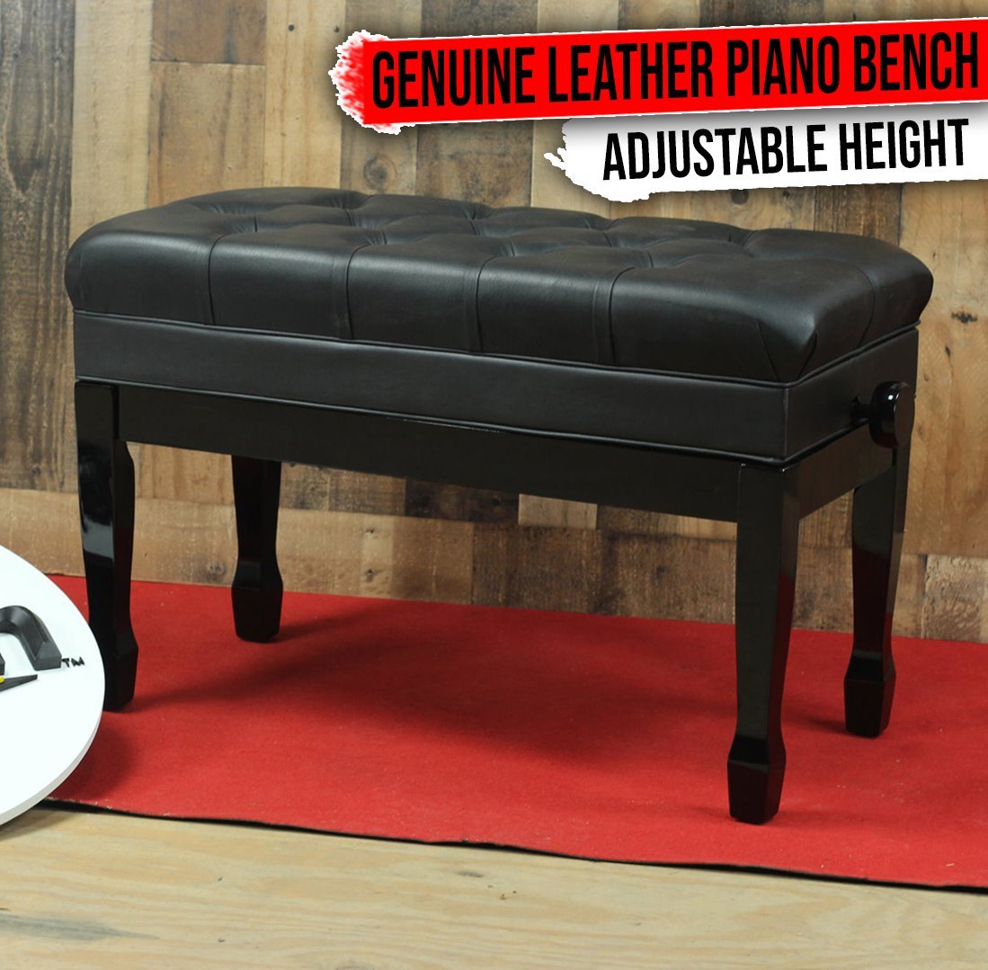 GRIFFIN Genuine Leather Piano Bench - Oversize Keyboard Duet Stool - Black Solid