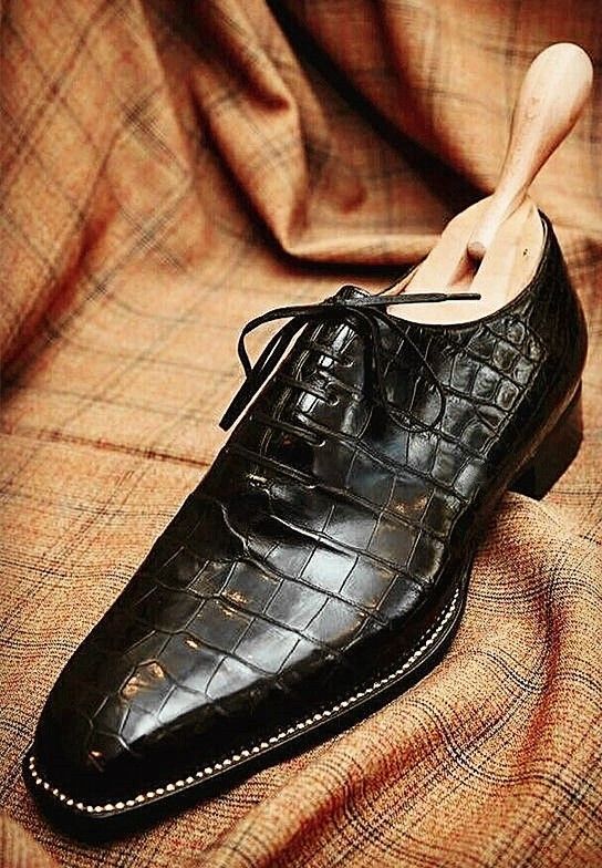 Handmade Men's Black Crocodile Texture Dress/Formal Lace Up Oxford Leather Shoes
