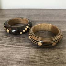 2 Vintage WOODEN CUFF BRACELETS Lacquered in Circle Dot Pattern Boho Boh... - $19.79