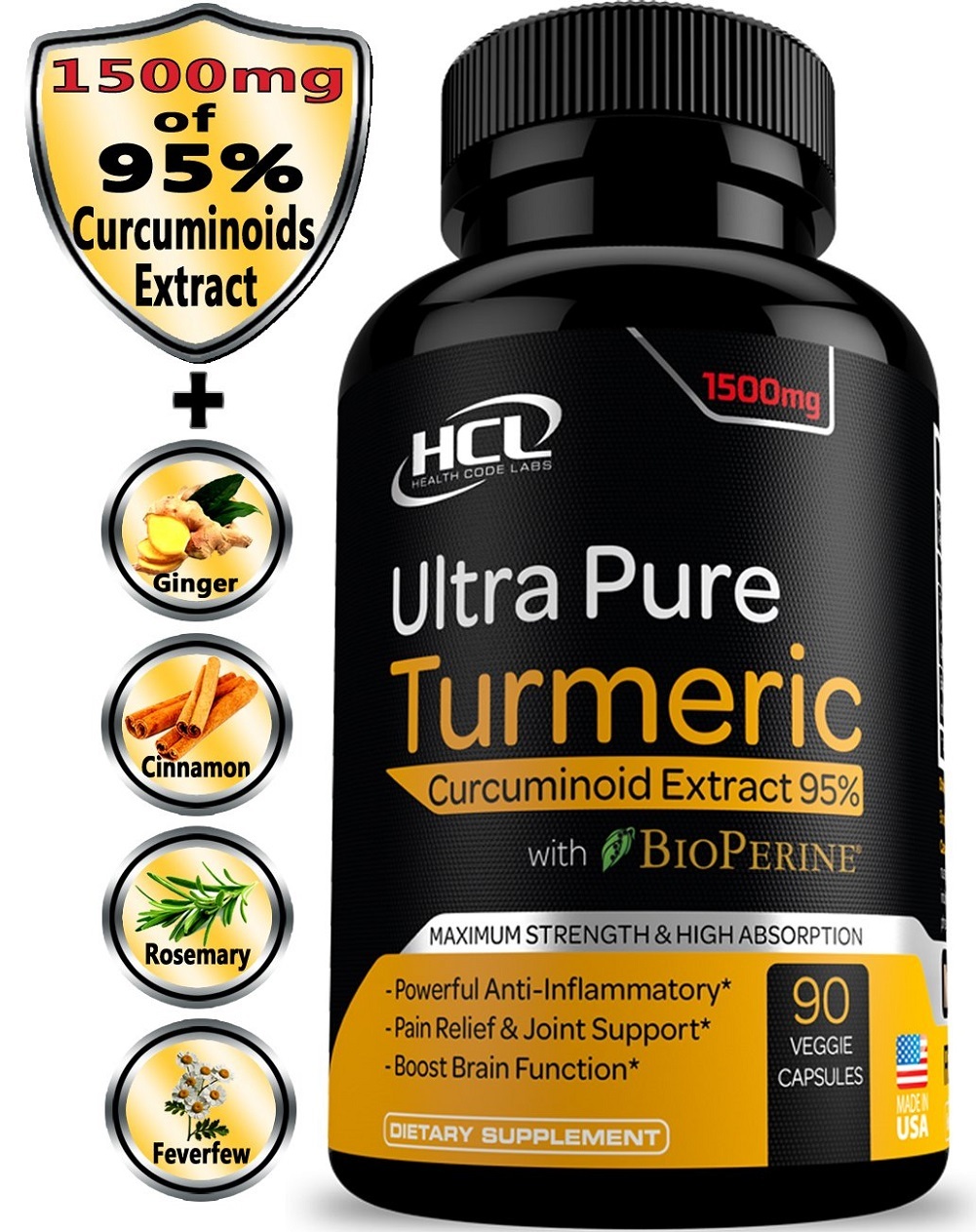 Health Code Labs Turmeric Curcumin 19X Stronger 1500mg 95% Curcuminoids 90 Caps