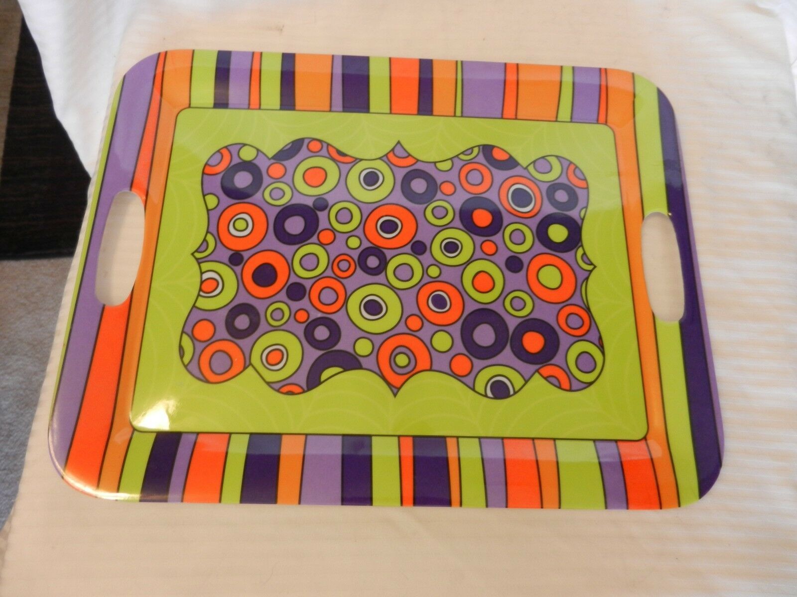 Melamine Serving Tray with Handles, Purple, Orange, Lime Green 16" x 12