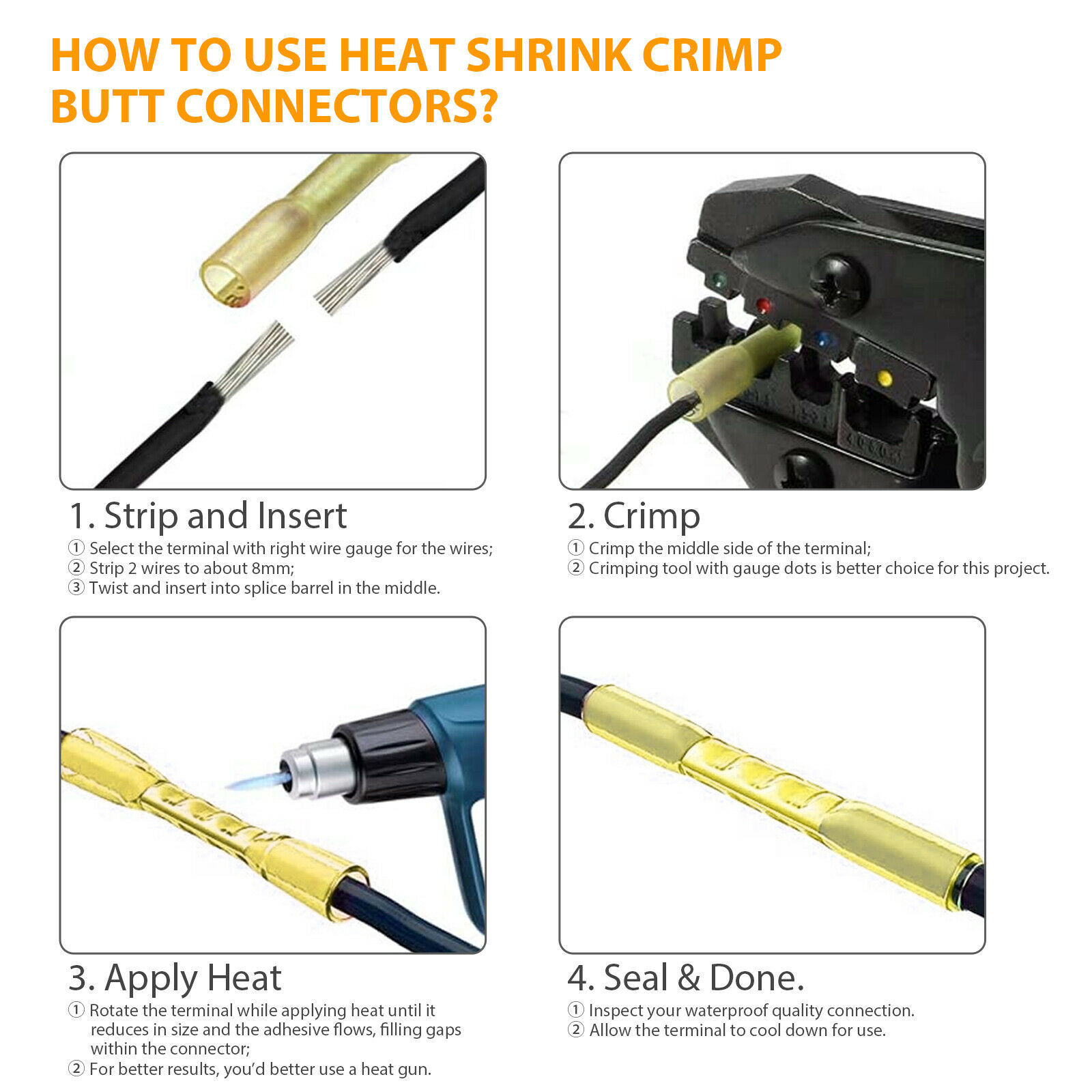 210pcs Heat Shrink Wire Connectors Solder Seal Butt Crimp Waterproof 26