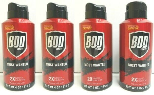 (4) Bod Man Most Wanted Caffiene Boosted Men Body Fragrance Scented Spray 4 Oz