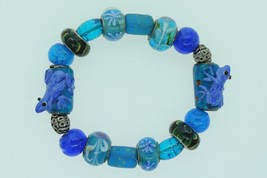 Sterling Silver Glass Bead Bracelet w/ Flowers and Frogs - £82.52 GBP