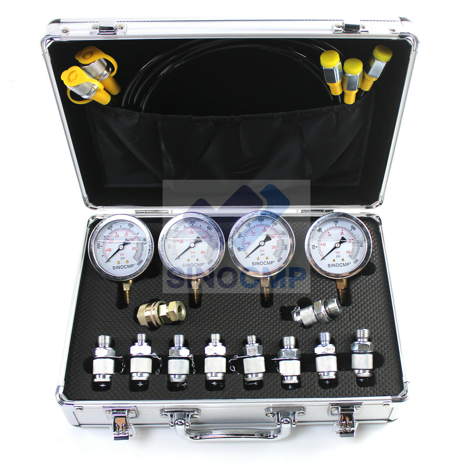 Hydraulic Pressure Test Kit 10/25/40/60 Mpa Gauges, 3 Test Hoses & 10