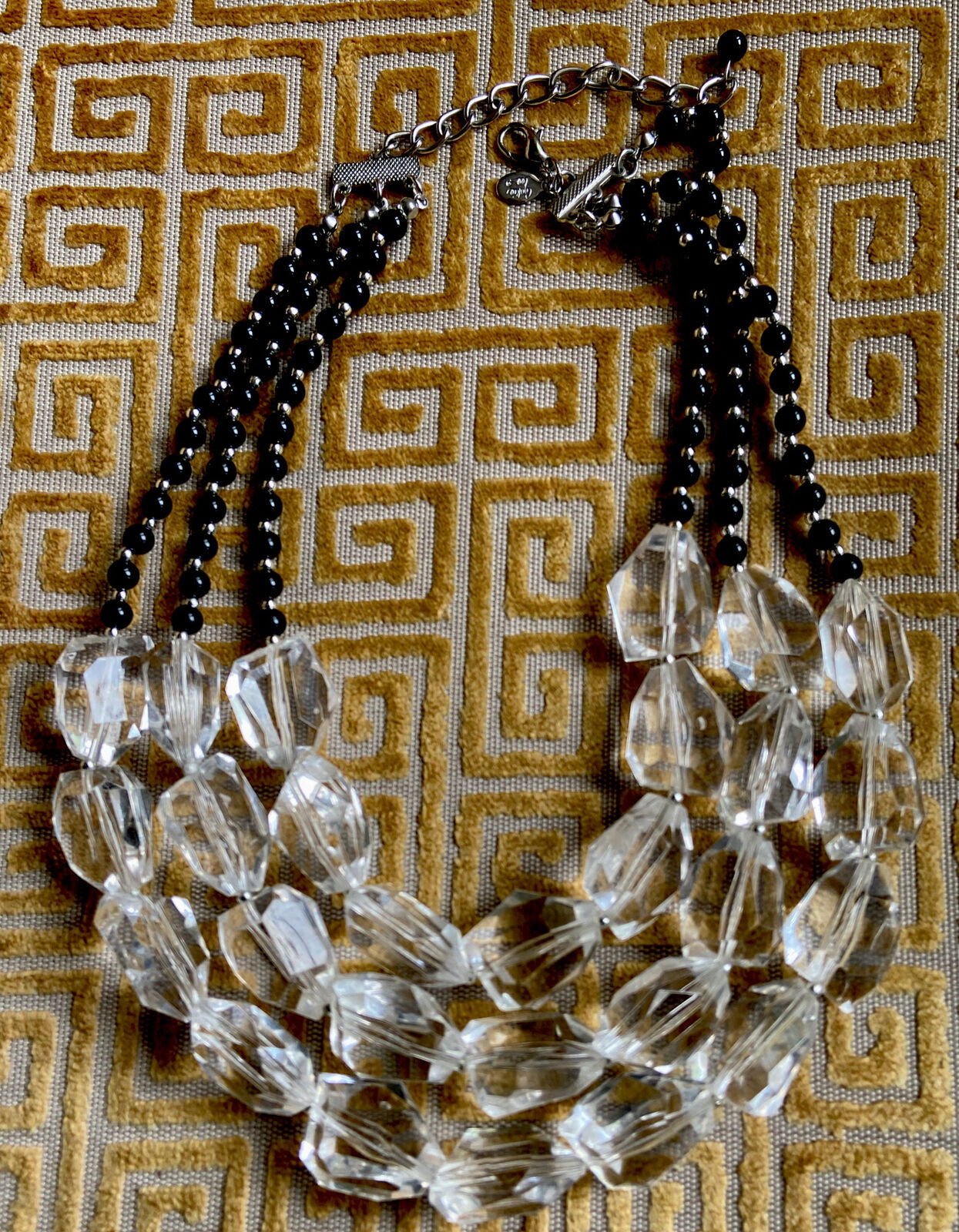 M19 Beautiful Signed Cookie Lee Clear & Black Beaded Chunky 3 Strand Necklace - $24.99