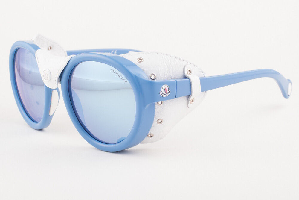 Moncler ML0046 84C Blue White Leather / Blue Mirror Sunglasses ML 46 84C 52mm