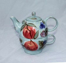 Tea For One Teapot &amp; Cup Fruit Flower Leaf Santa Rosa Blue Mesa Internat... - $12.00