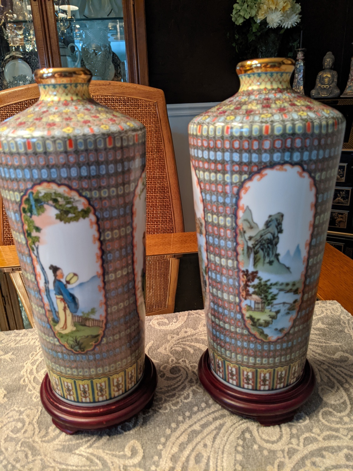 Primary image for Vintage 11.5" Chinese Vases Pair w/ Wood Stands, Fancy Fabric/Wood Boxes