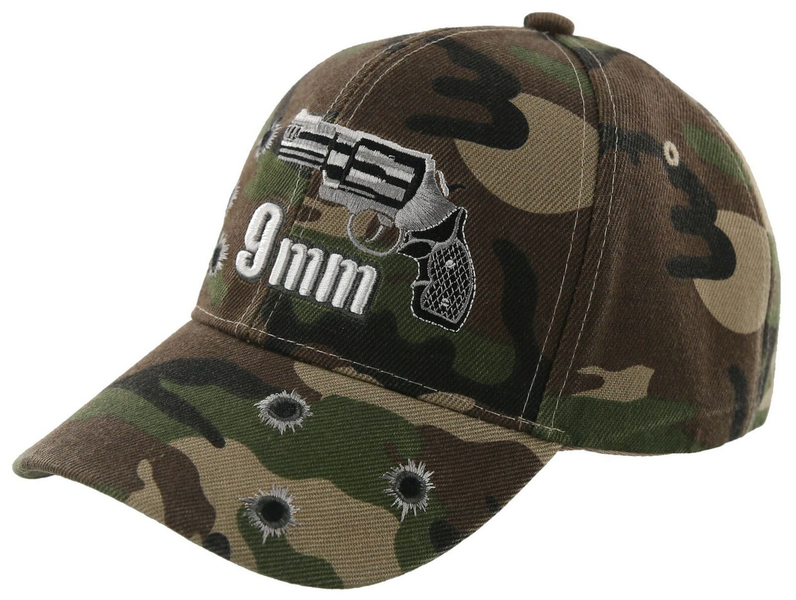 NEW! 9MM PISTOL GUN SIDE BASEBALL CAP HAT GREEN CAMO Men's Hats