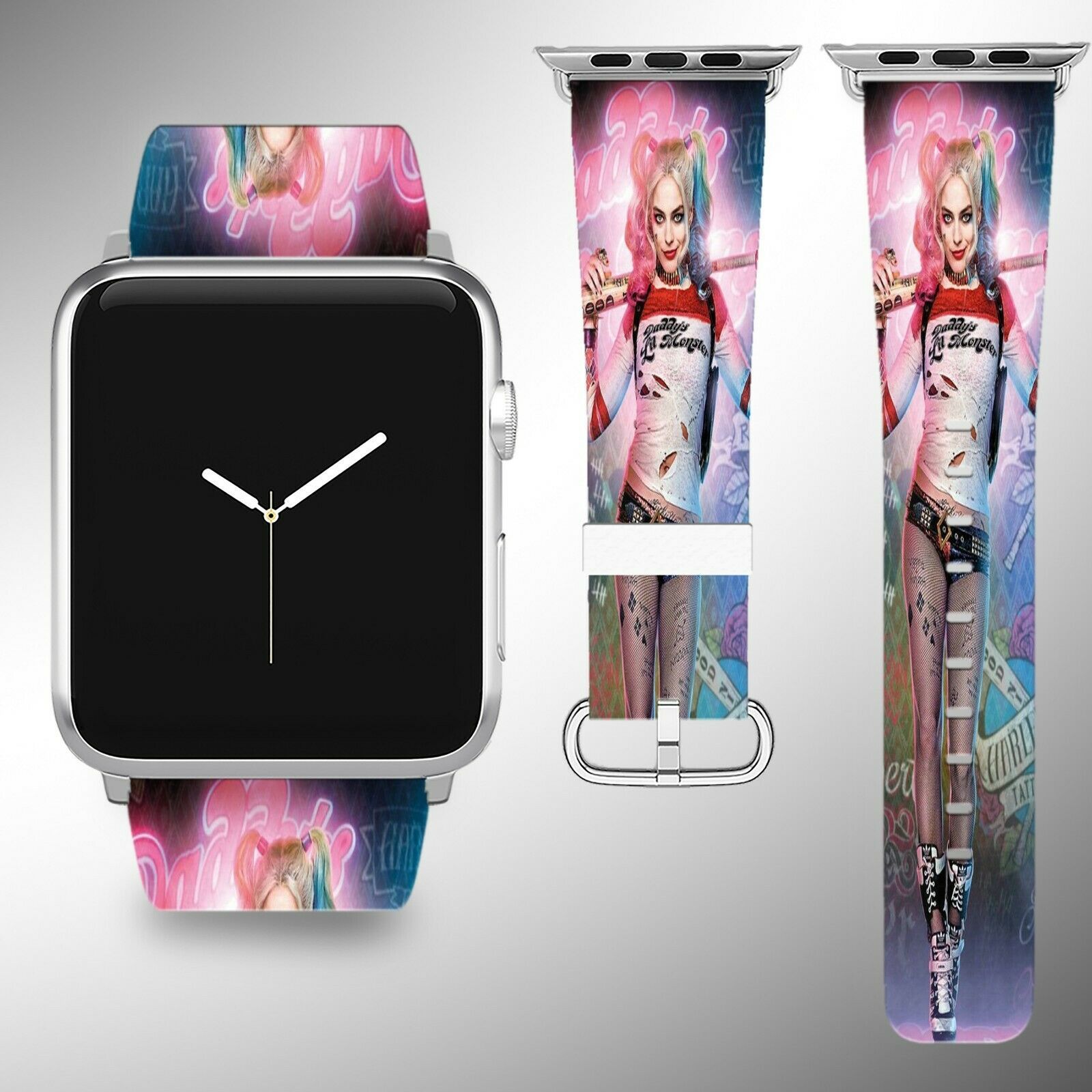 Harley Quinn Apple Watch Band 38 40 42 44 mm Fabric Leather Strap 01
