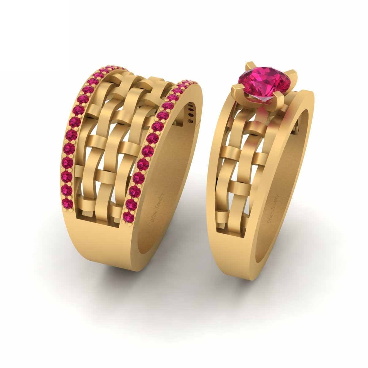 Dfj - Mesh design matching couple set his and hers wedding rings in solid yellow gold