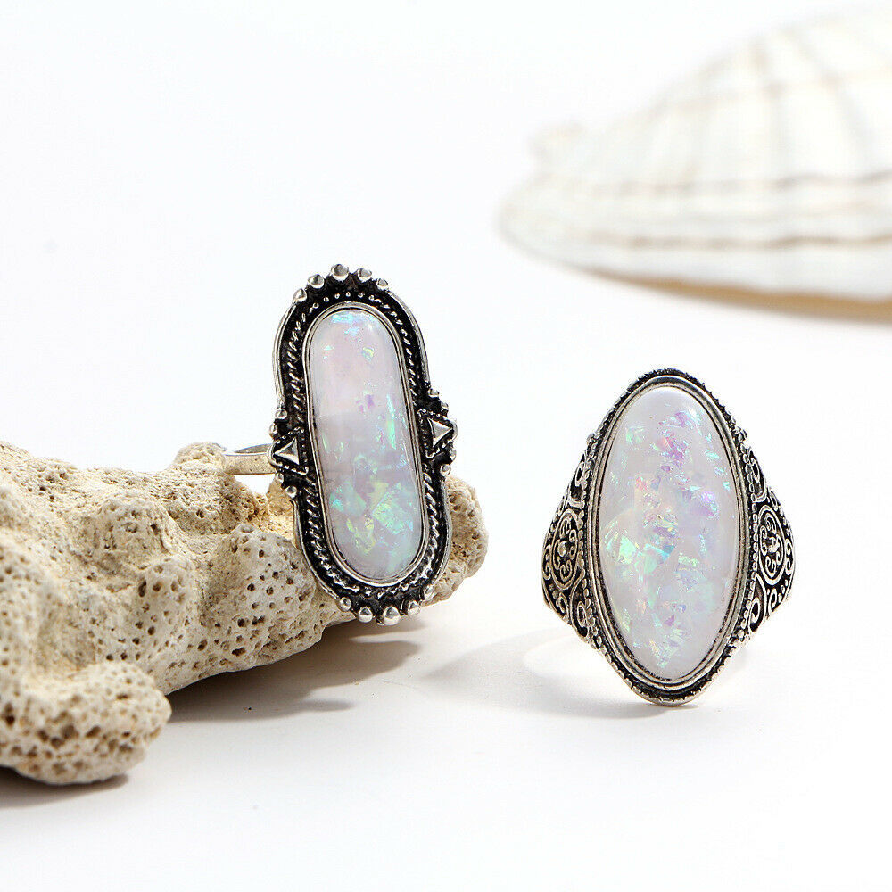 Fine 925 Silver Rings Women Jewelry Oval Cut Fire Opal Wedding Ring Size 6-10