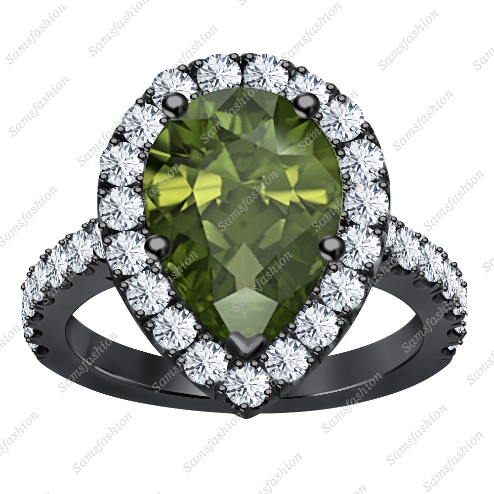 Pear Green Tourmaline & Diamond 14k Black Gold Over 925 Silver Promise Halo Ring