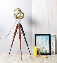 NauticalMart Designer Wood Brass Finish Tripod Floor Lamp with Base