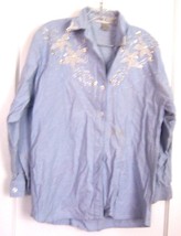 Sz L - Jane Ashley Light Blue Shirt w/Pearl Beaded Flower Accents Size L... - $28.49