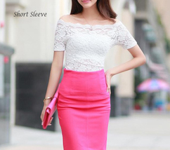 Ivory White Lace Top Floral Crop Sleeve Lace Bridesmaid Top Boat Neck Plus Size image 6