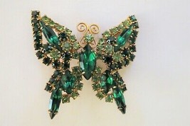 VTG Butterfly Brooch Rhinestone 1.75" Gold Plated Green Tones Lime Dark Pronged - $39.59