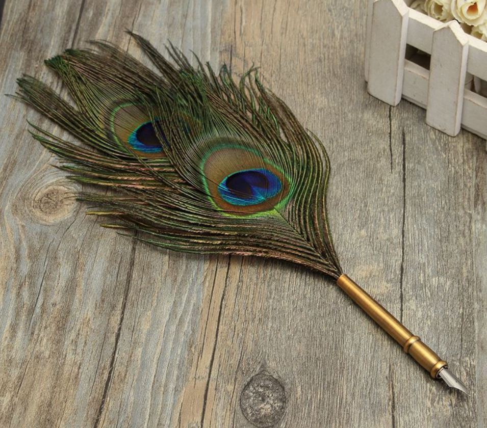 Classical Peacock Feather Quill Dip Pen Writing Ink Fountain Pens With