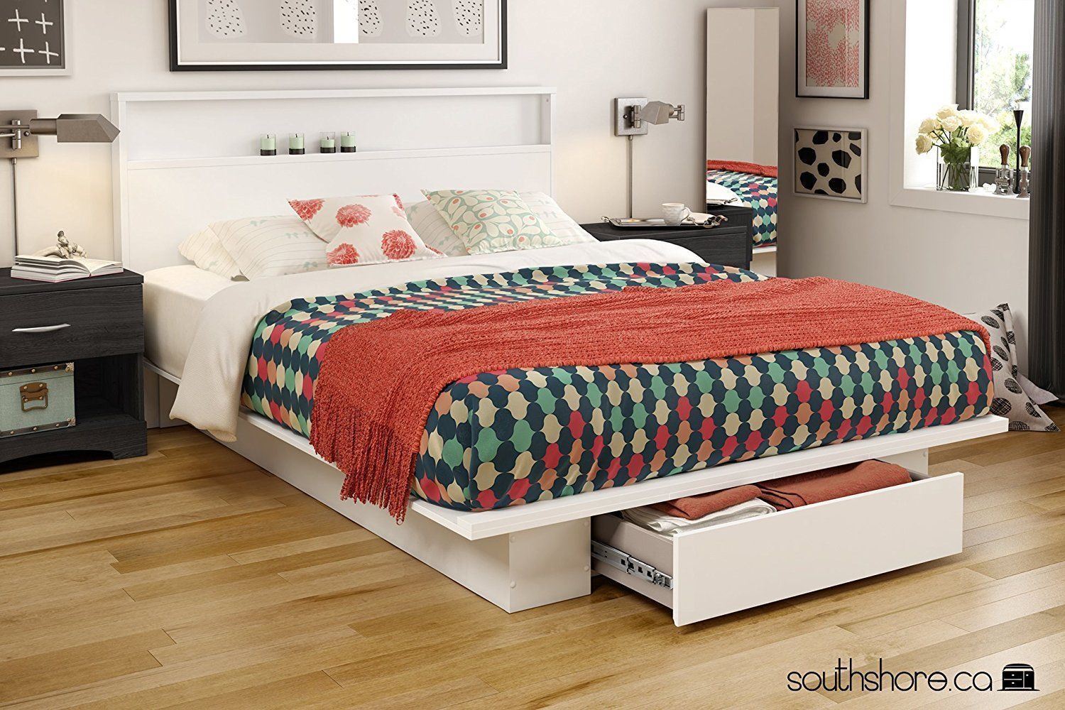 Full Queen Size Solid White Wooden Platform Bed Frame 1 Under Bed