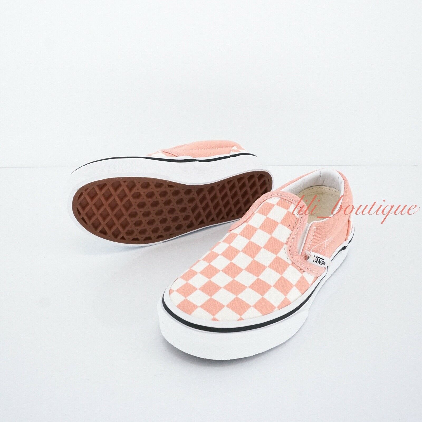 Primary image for No Box New Vans Kids Classic Slip-On Shoes Canvas Checkerboard Salmon White 1.0K