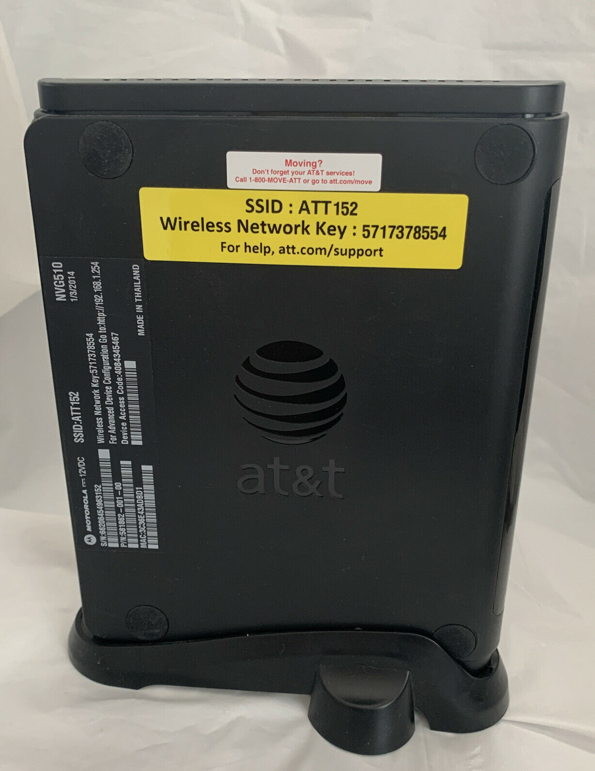 AT&T Motorola NVG510 Wireless 4port Modem Router with Power