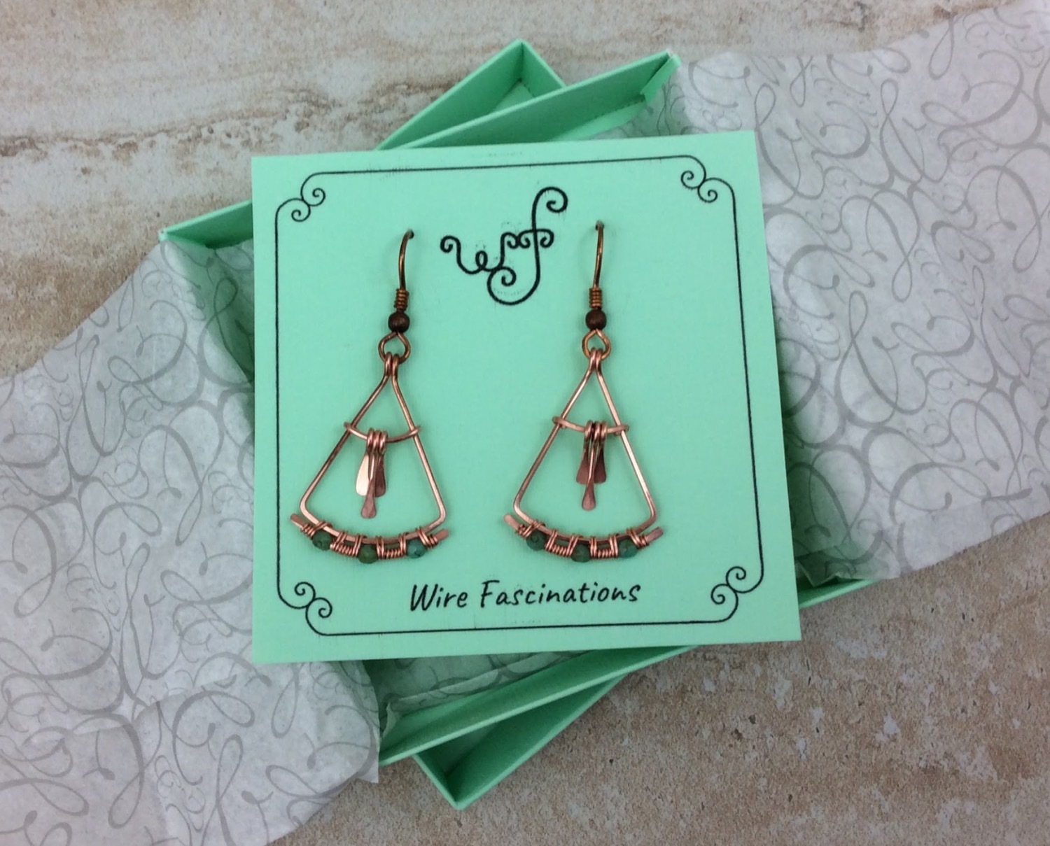 Handmade copper earrings fan with dangles wire wrapped turquoise glass