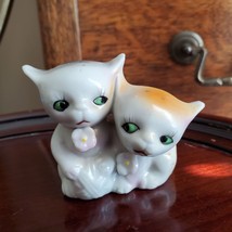 Vintage Cat Figurine of Two Kittens with green eyes,  Mid-Century Japan ceramic