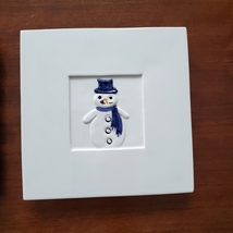 Crate and Barrel Snowflake Snowman Trivets, set of 2, Blue White Ceramic Tile 8" image 2