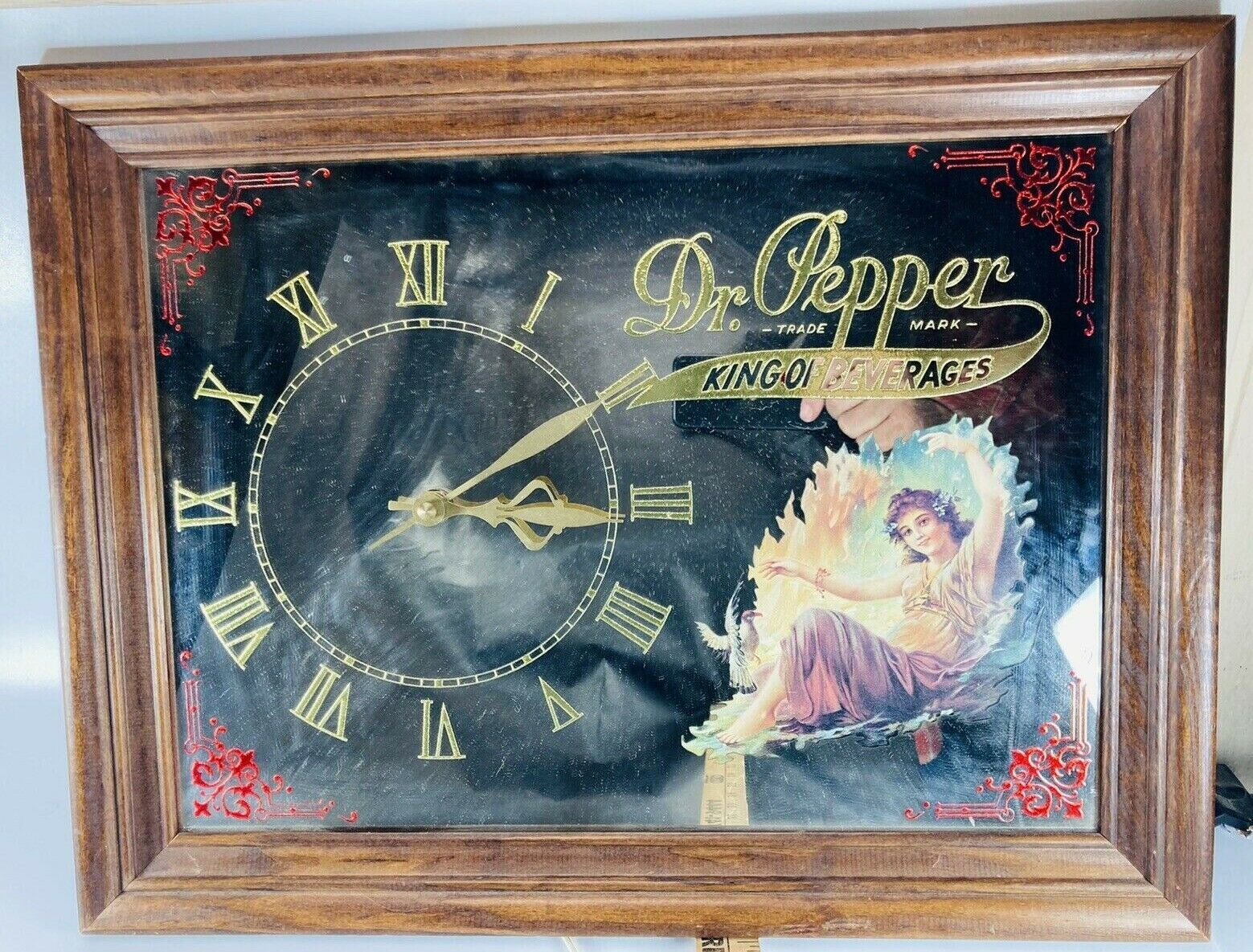 Dr Pepper Mirror Clock Vintage King of Beverages 15”x19” Wood Frame
