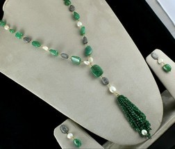 ESTATE NATURAL EMERALD TUMBLE BEADS DIAMOND PEARL 18K GOLD NECKLACE EARR... - £5,409.36 GBP